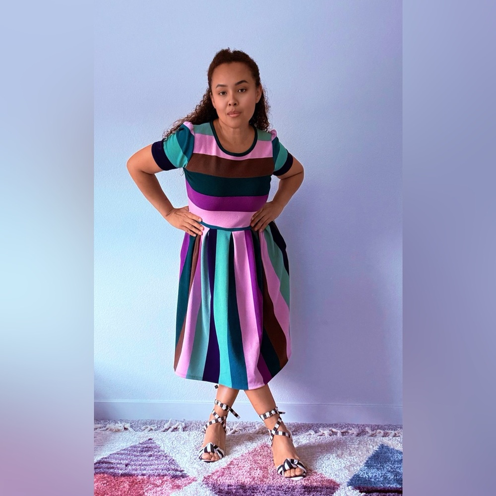 LuLaRoe Rainbow colorful Striped Maxi Dress in Purple and Blue - Picture 4 of 9